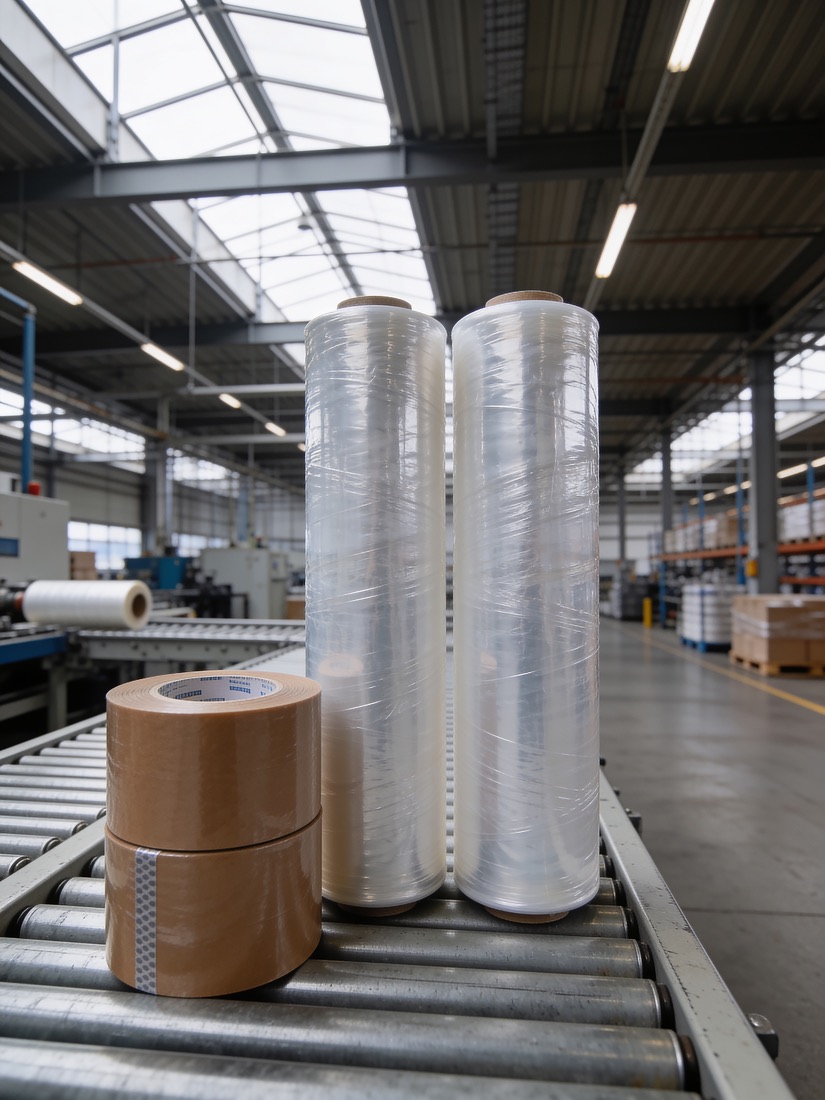 Rollen stretchfolie en bruine verpakkingstape