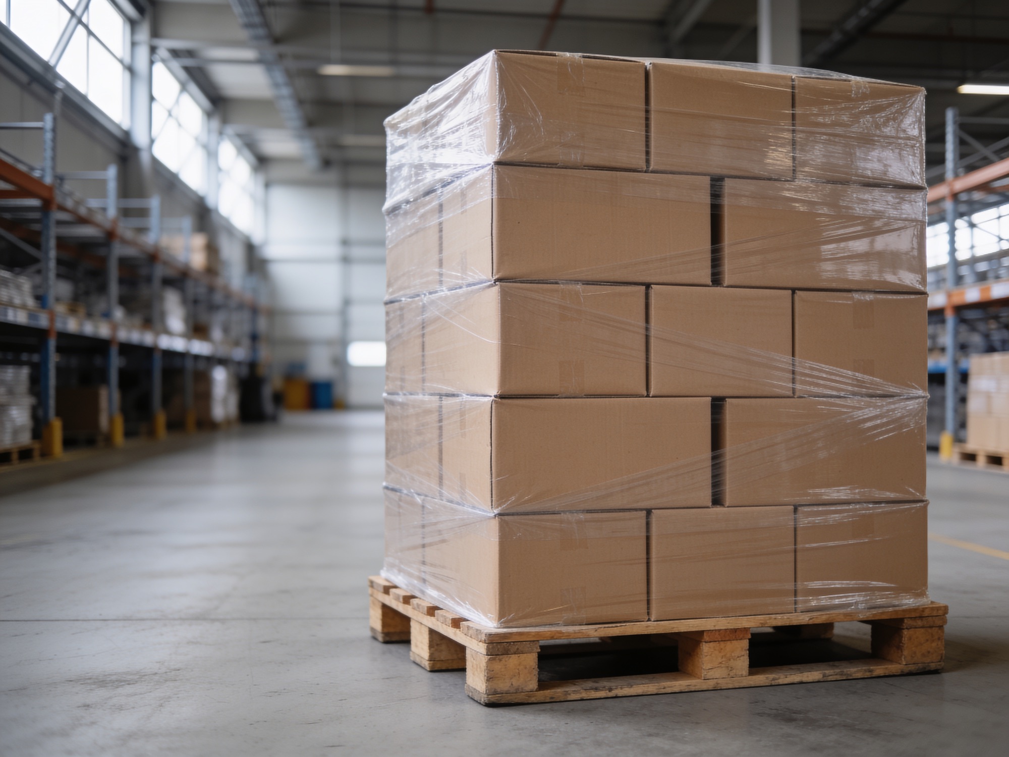 Pallet met kartonnen dozen, strak omwikkeld met stretchfolie, in een magazijn