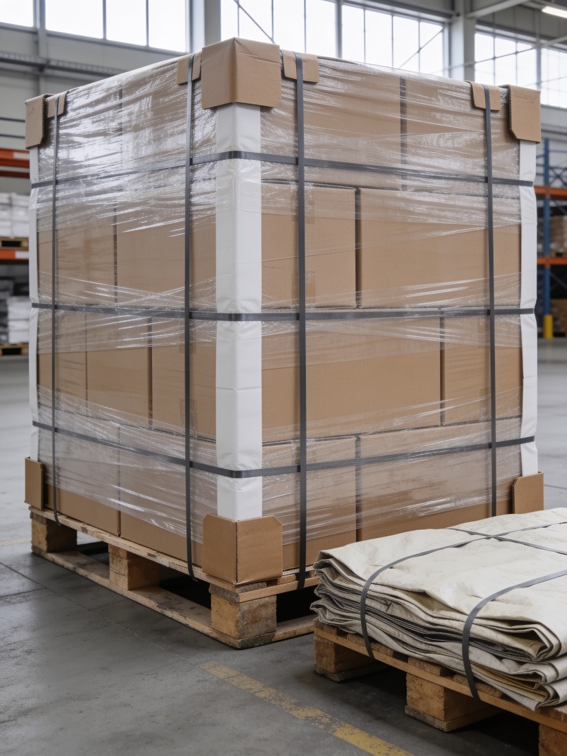 Pallet met dozen, vastgezet met omsnoeringsband en hoekbeschermers, naast opgevouwen pallethoezen